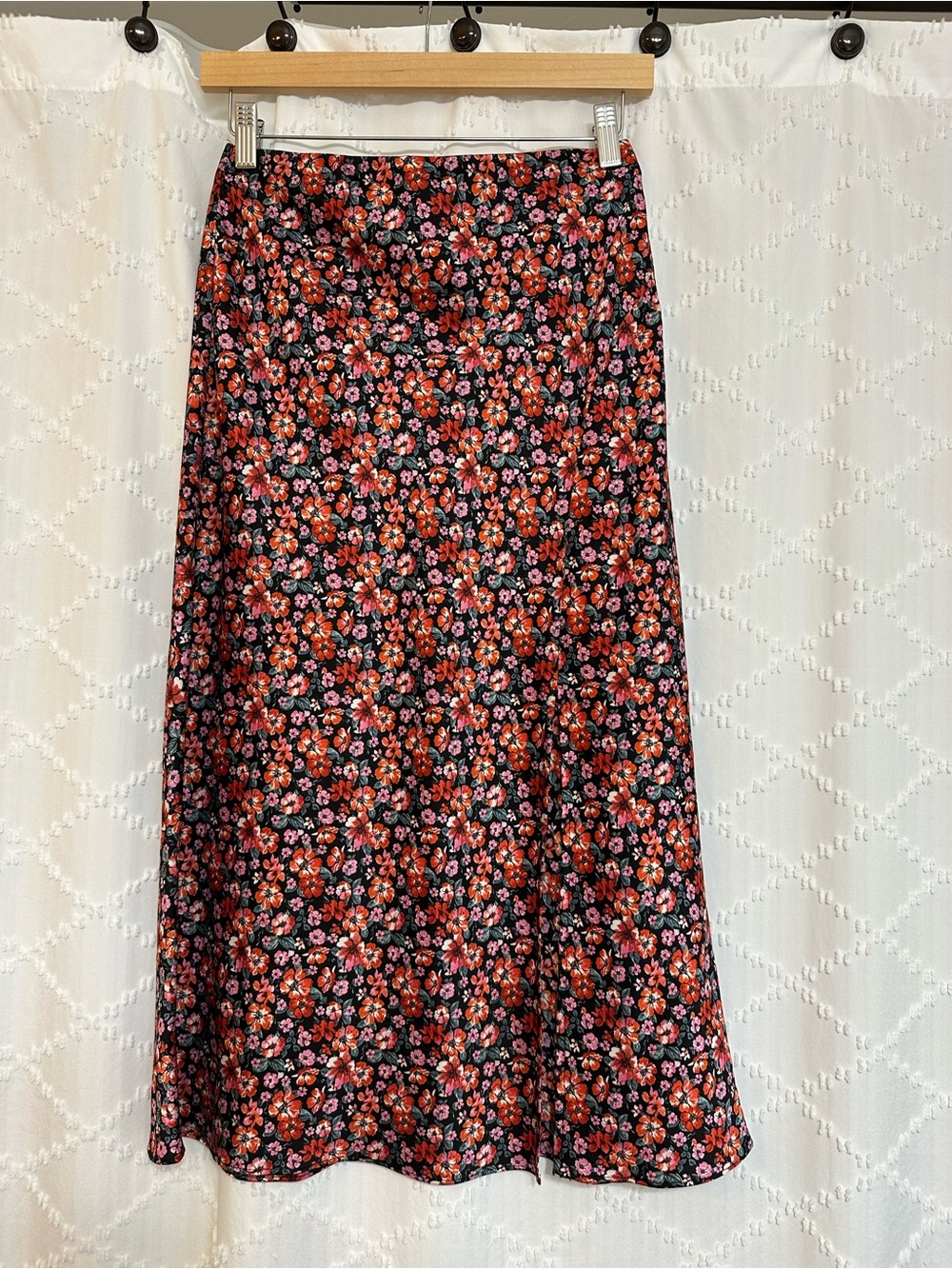 miami Black Midi Skirt with Red & Pink Floral Print
